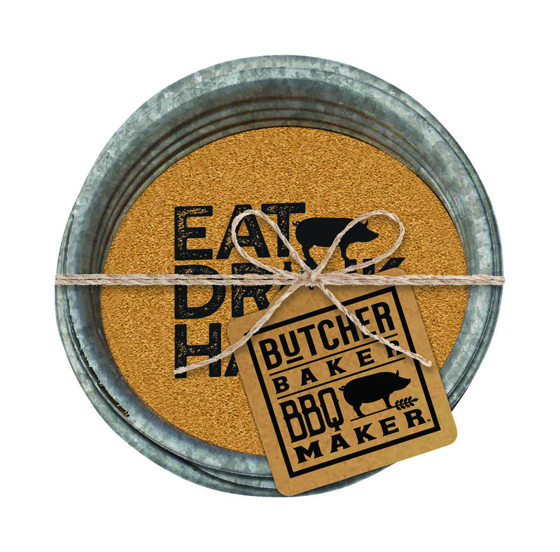 OPEN ROAD BRANDS LLC, Open Road Brands Butcher Baker BBQ Maker Eat, Drink, Be Happy Coasters Metal/Cork 4 pk (Pack of 4)