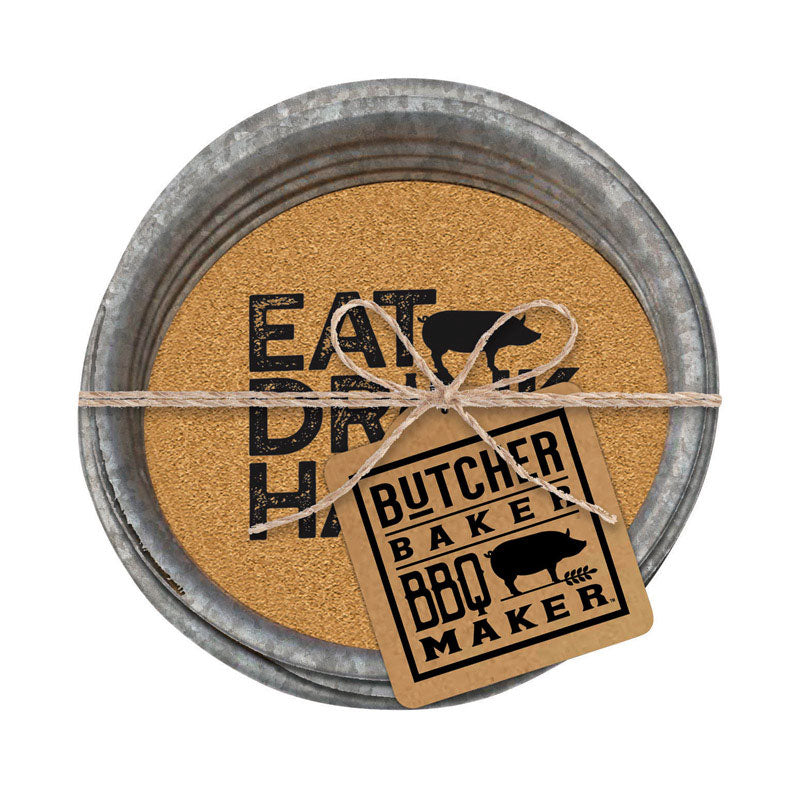 OPEN ROAD BRANDS LLC, Open Road Brands Butcher Baker BBQ Maker Eat, Drink, Be Happy Coasters Metal/Cork 4 pk (Pack of 4)