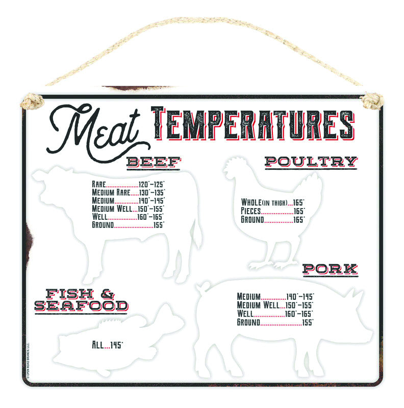 OPEN ROAD BRANDS LLC, Open Road Brands Butcher Baker BBQ Maker Meat Temperatures Hanging Sign Tin/Rope (Pack of 4)